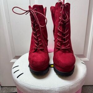 Wild Diva Red Lace-Up Suede Boots